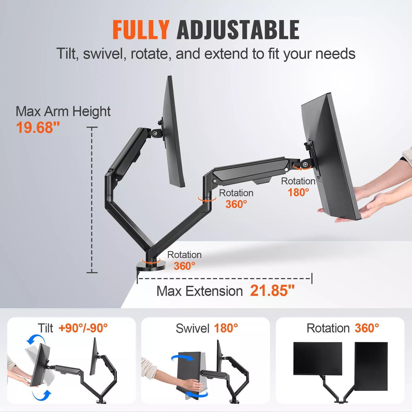 Monitor Dual Arm Stand Steel Display Desk Mount Bracket Screen Holder up to 35''